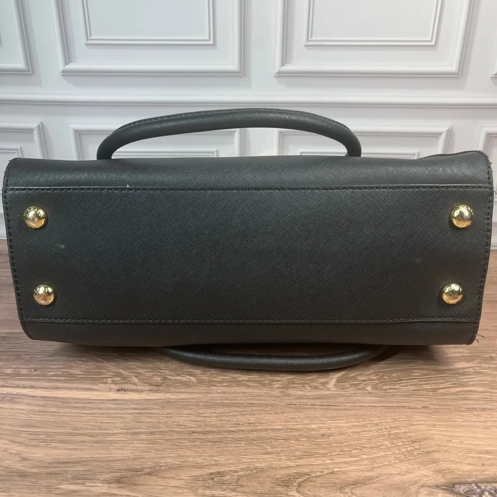 Michael Kors Hamilton Satchel Womens Medium Black Saffiano Leather‎ Gold Padlock